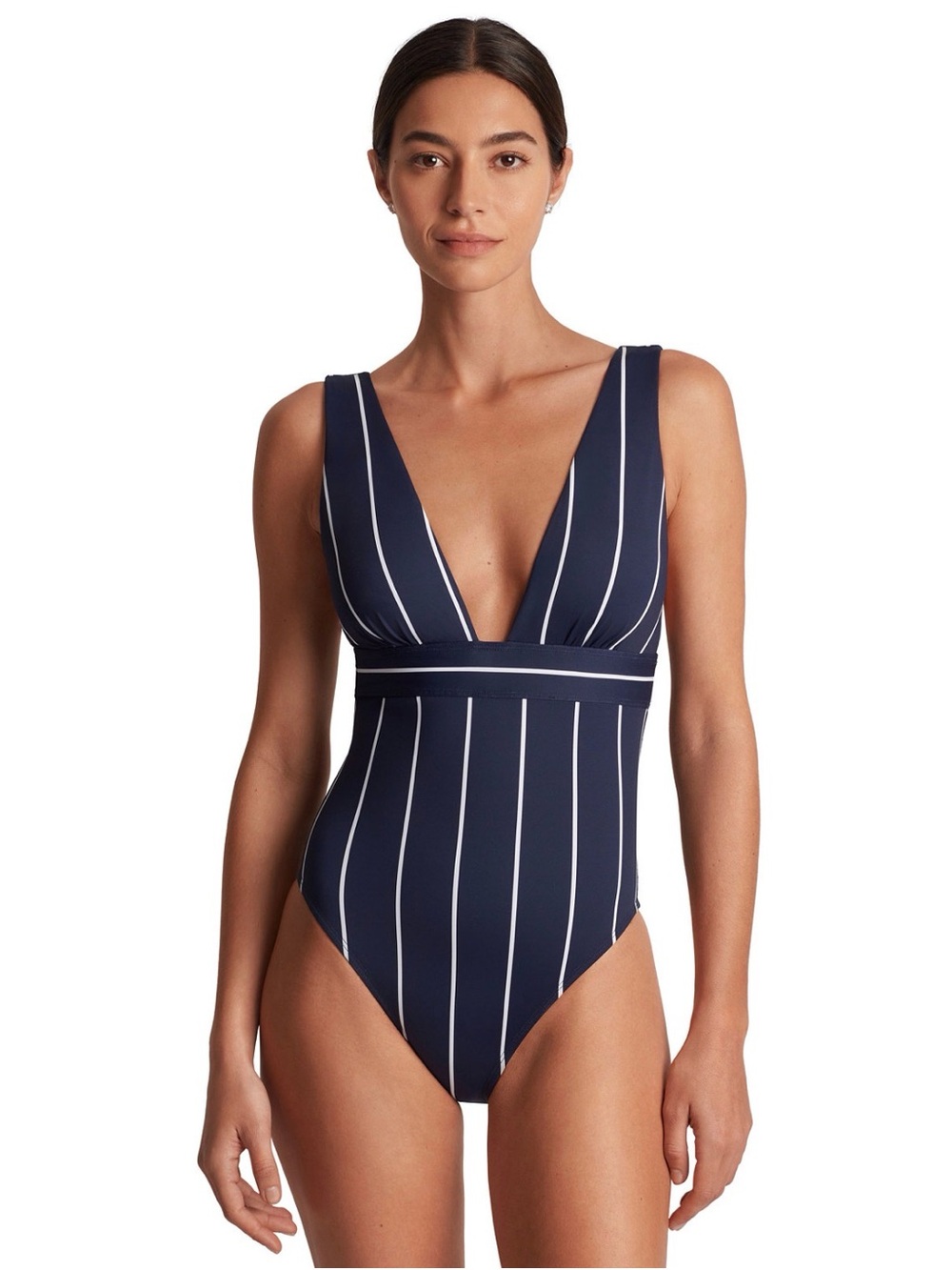 Lauren Ralph Lauren Women's Striped V-Neck One-Piece Swimsuit/Navy. US 10. R9B
